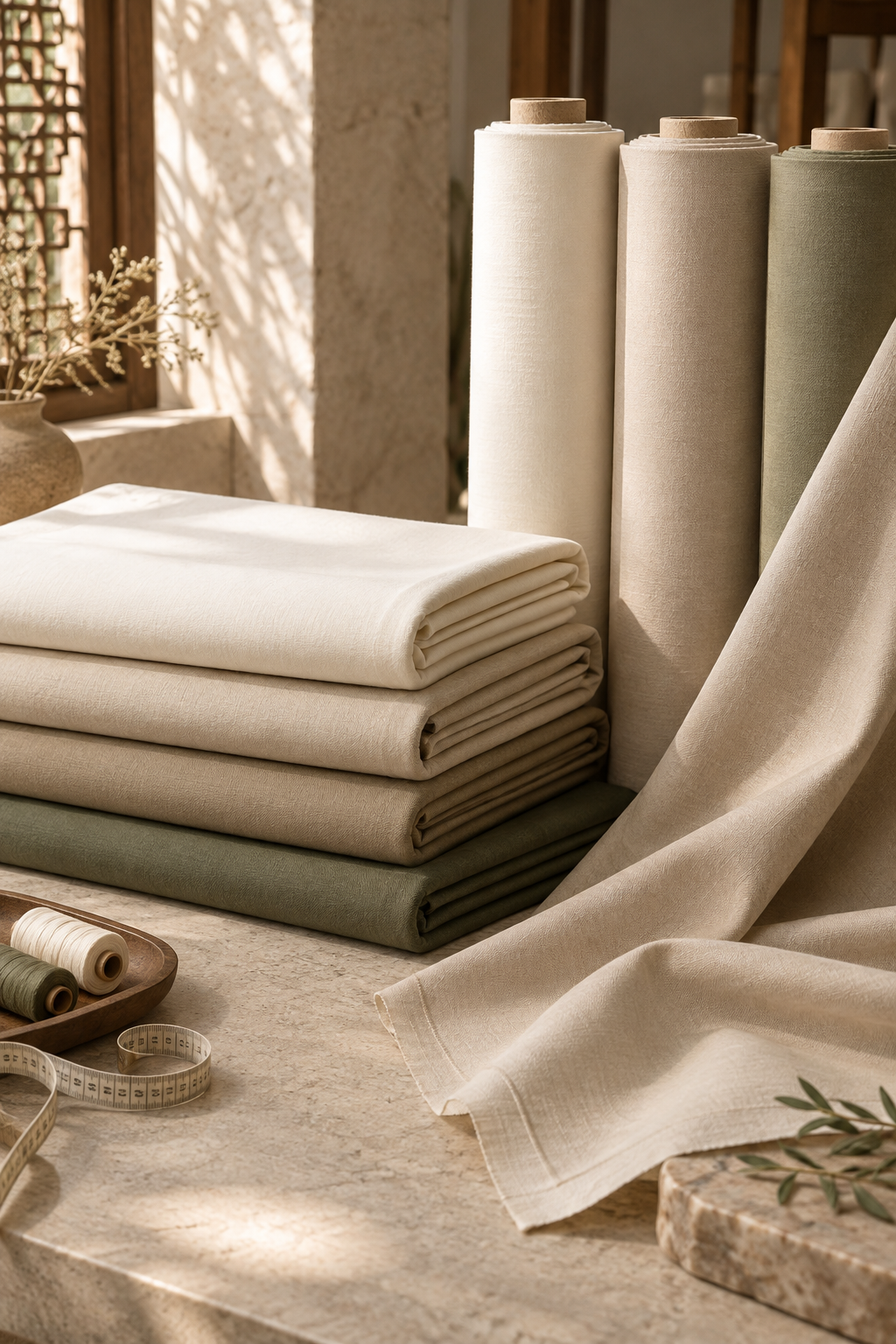 Ivory, sand and muted olive unstitched latha and cotton fabrics