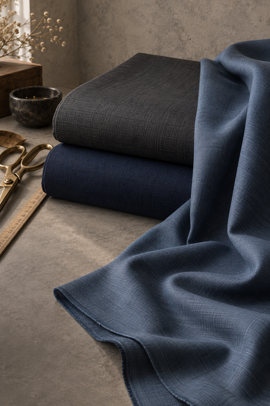 Charcoal, navy and mineral blue unstitched wash-and-wear fabrics