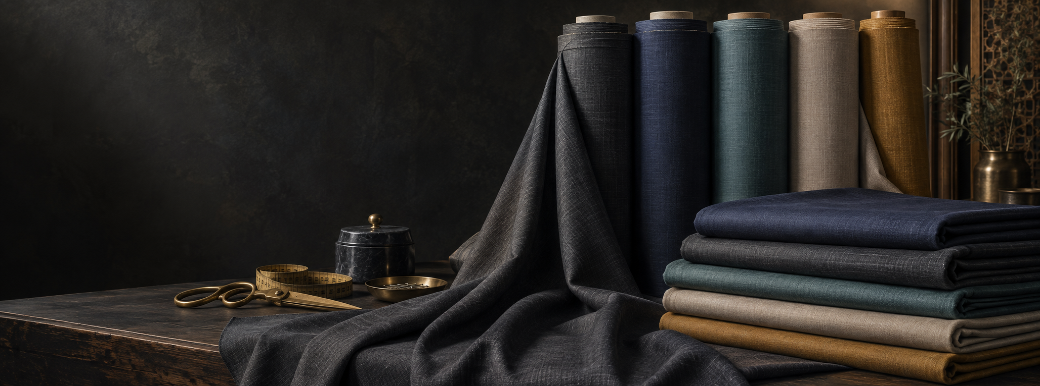 Premium unstitched fabric rolls in charcoal, navy, teal, stone and ochre